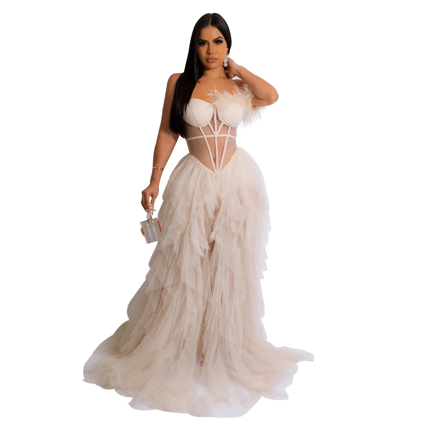 Fashion women's wear X6223 Cross-Border  Fashion Women's Wear Solid Color Sleeveless Chest Wrap Mesh Long Dress Dress