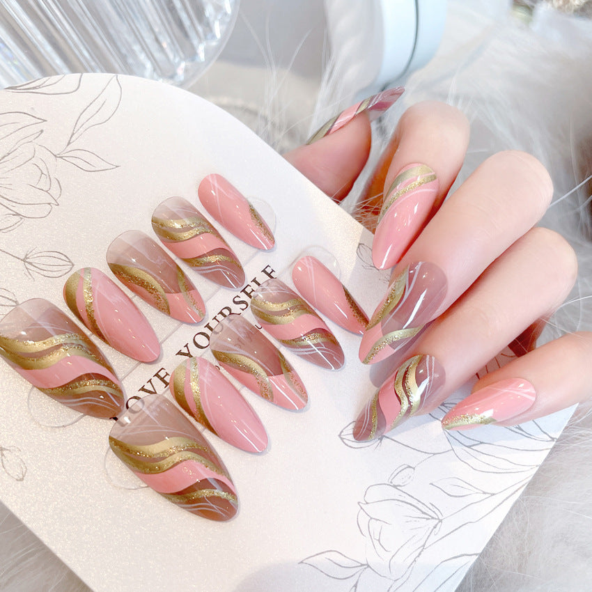 Fashion  nail Pink Barbie Corrugated Long Almond Nail Glitter Hot Girl Ins Style European and American Foreign Trade Nail Tip Wear Nail Tip A60