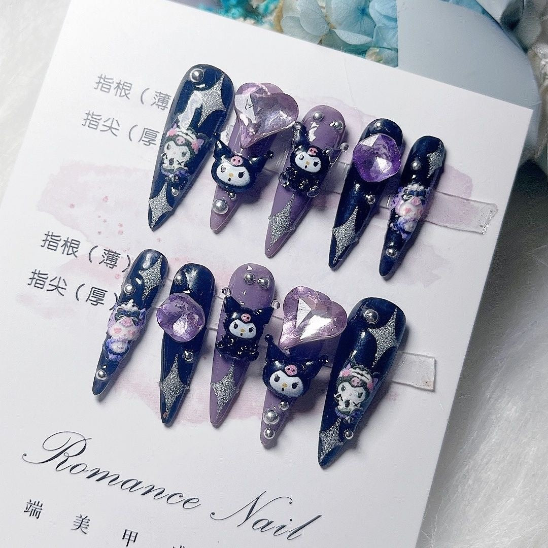 (Hand-Made Nail) Miss Meow Handmade Manicure Clow M Manicure Wear Nail Y2g Purple Black Three-Dimensional Hot Girl Cartoon Finished Patch