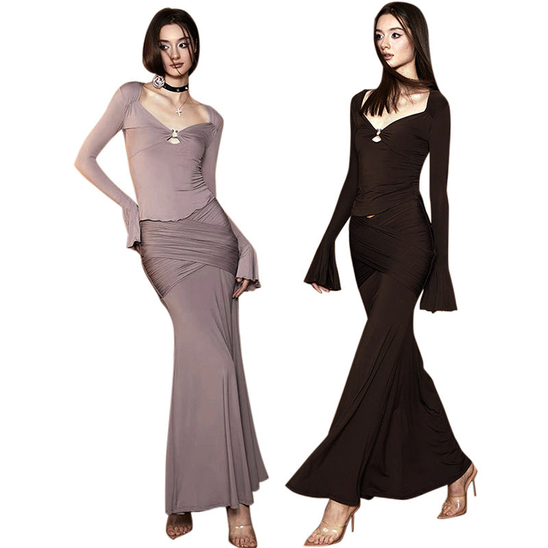 Fashion women's wear Q23st451 Lightly Mature 2024 Autumn New Adult Lady like Woman Design Hollow Metal Buckle Top and Skirt Two-Piece Set