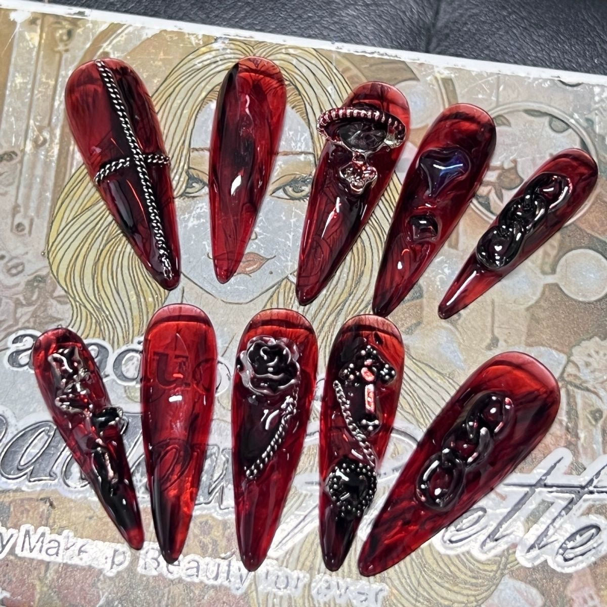 (Hand made nail) Handmade Wearable Armor Heavy Industry European and American Long Style Dark Blood Rose Nail Reusable Spicy Girl Nail