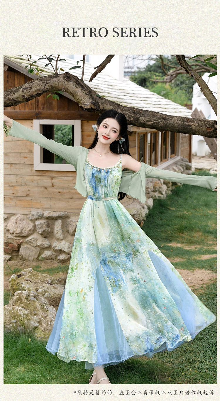 Dopamine dress Free shipping Tattoo Summer Dopamine Women's Retro French Style Green Suspender Dress with Cardigan Fairy Holiday Dress
