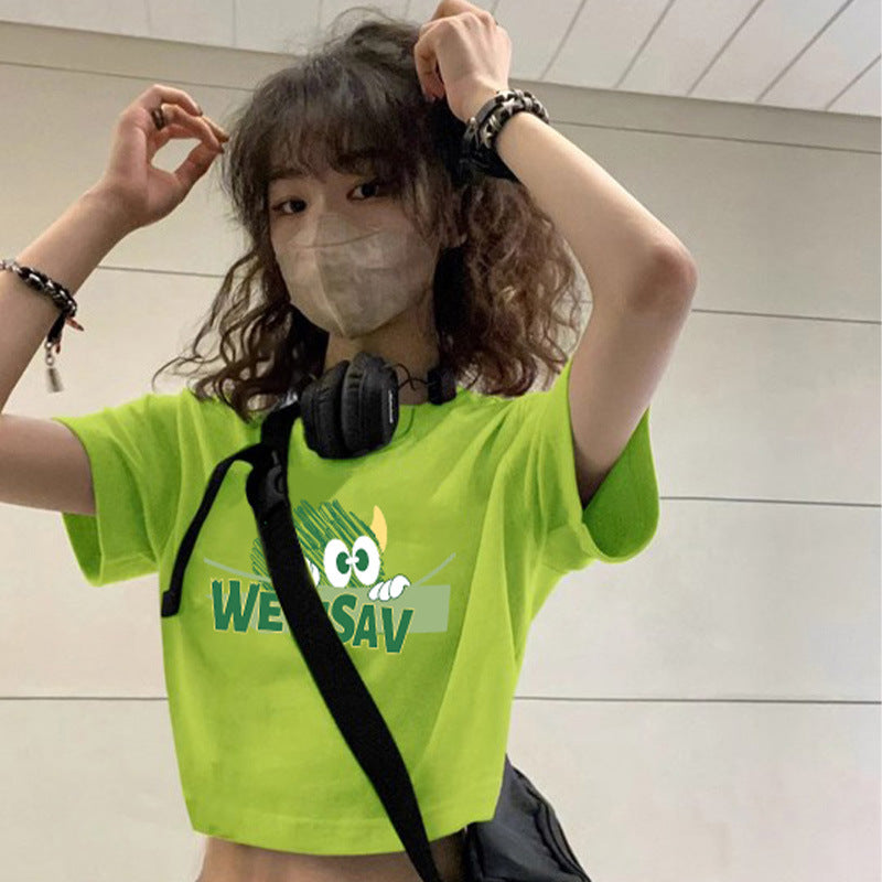 Dopamine tops Free shipping Tattoo Small Dopamine Wear Fluorescent Green Navel Short Sleeve Women's Summer French Sweet and Spicy Jazz Tights