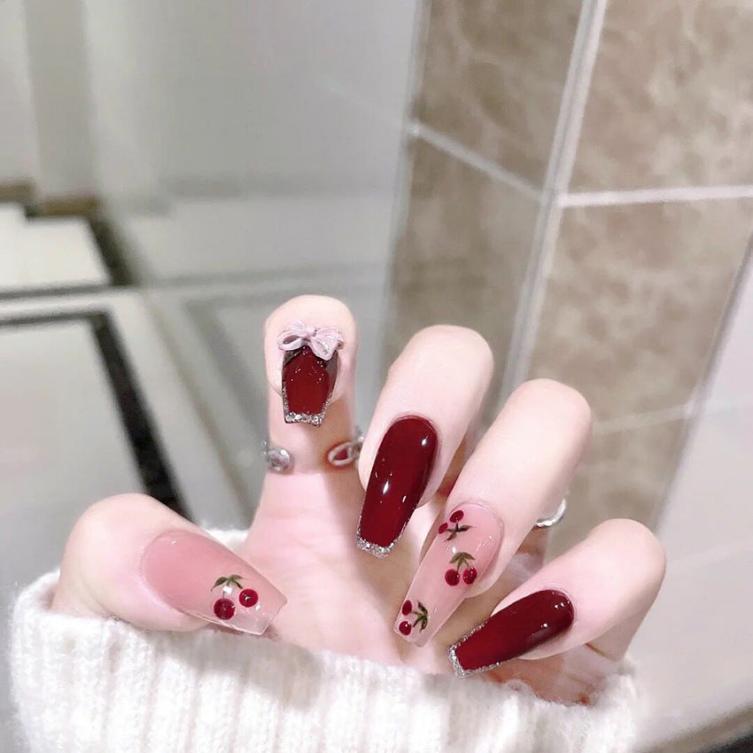 Fashion  nail Wearing Nail Nail Stickers Nail Patch Fake Nails Detachable Cherry Bow Nail Sticker Y44