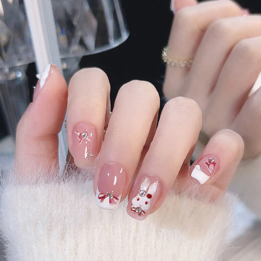 Fashion  nail French Rabbit Bow Fake Nail Patch Finished Nail Beauty Wearable Nail Stickers X100