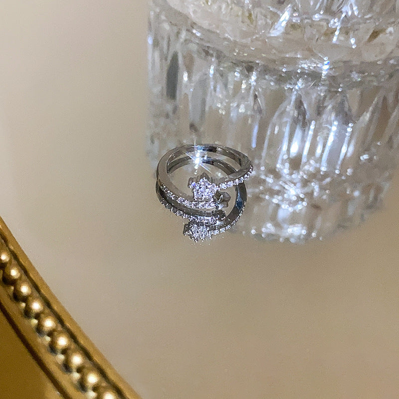 珠宝首饰时尚镶钻锆石芒星开口戒指欧美个性百搭食指戒小众金属风手饰批发