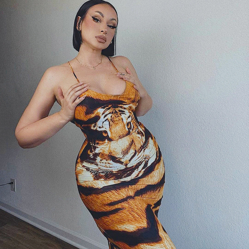 Free shipping  New Sleeveless Suspender Tiger Print Sexy Lace-up Halter Women's Long Dress