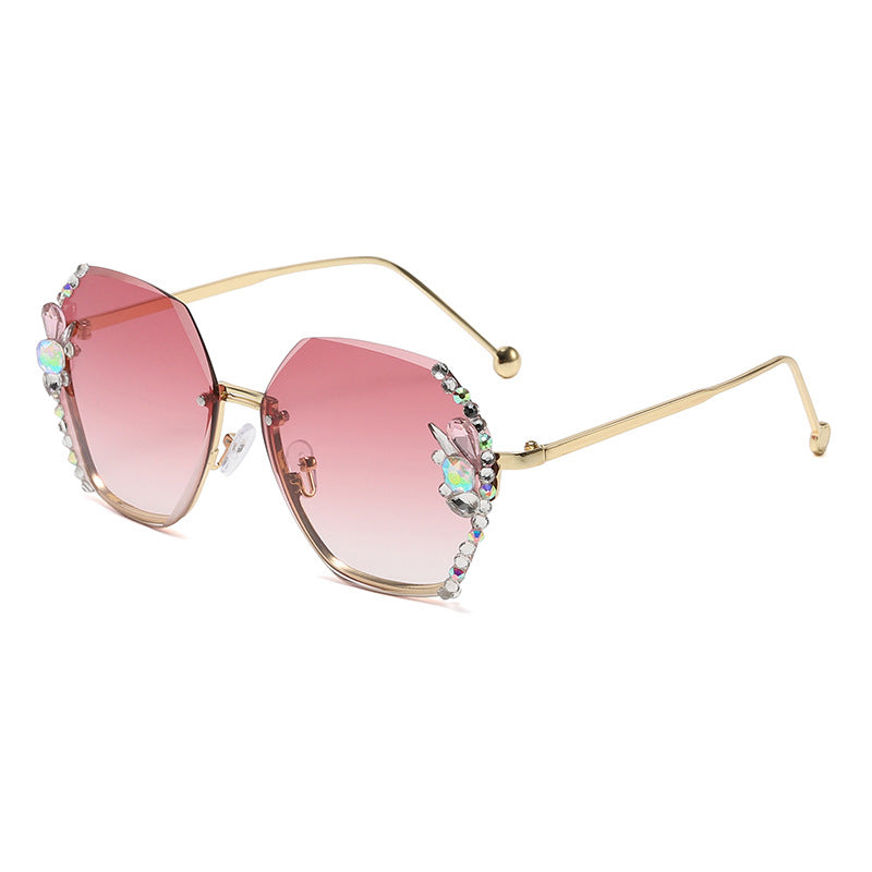 Women's fashion glasses 欧美跨境大框镶钻太阳镜无框防晒防紫外线水晶墨镜女大脸显瘦