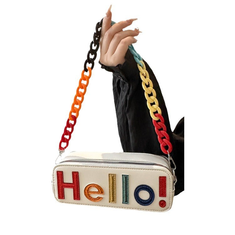 Dopamine Bag Free shipping Tattoo Cross-border women's bags, new dopamine contrasting letters, fashion camera bags, zipper, small square bag, acrylic chain, single shoulder.