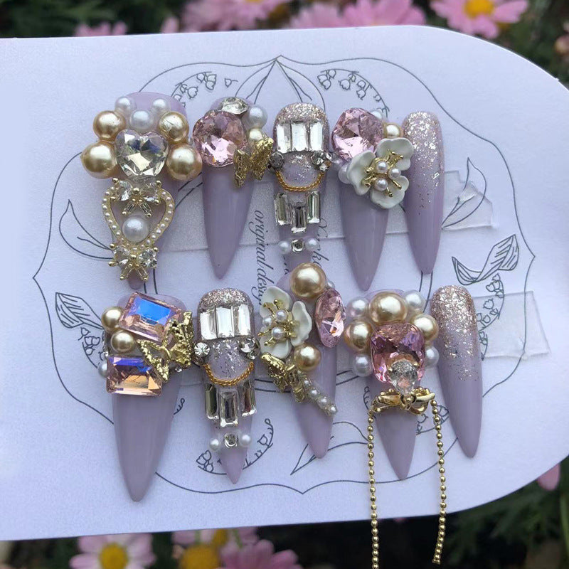(Hand-Made Nail) Purple White Heavy Industry Secret Garden Flash Pink Diamond Pearl Sequins Hand-Worn Nail Beauty Ins Style Disassembly