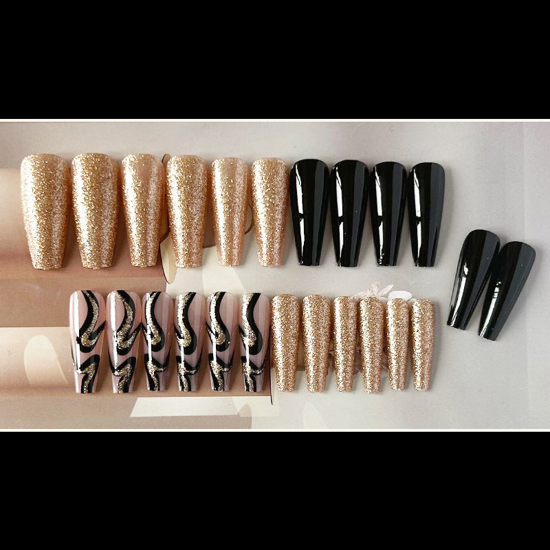 黑色金闪穿戴甲法式nails 跨境美甲片外贸假指甲棺材甲型美甲贴片