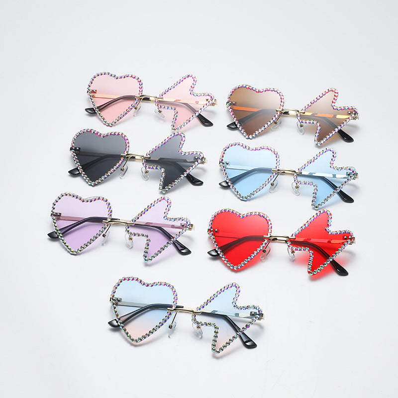 Women's fashion glasses 跨境太阳镜女欧美个性无框镶钻金属水钻墨镜舞会派对搞怪嘻哈眼镜