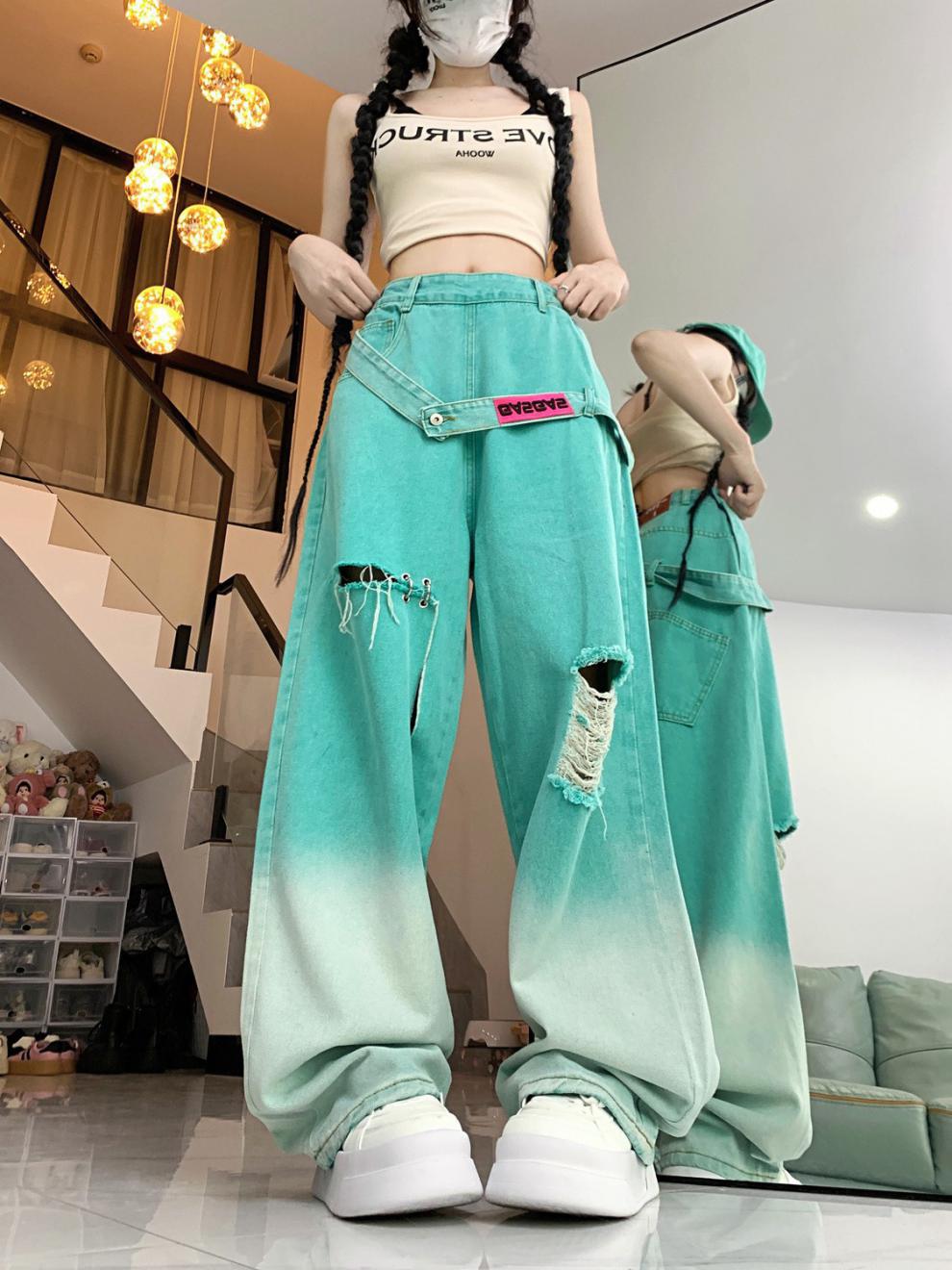 Dopamine pants Free shipping Tattoo Gradual change color ripped dopamine wear jeans women's summer new high waist thin loose meat wide leg pants tide