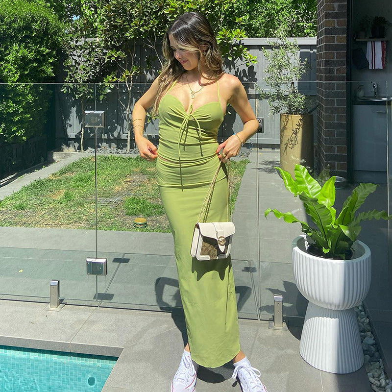 Fashion women's wear Q23st297 American Sexy Tube Top Backless Halter Top Long Dress Suit Women's Clothing Hot Girl All-Match Summer New