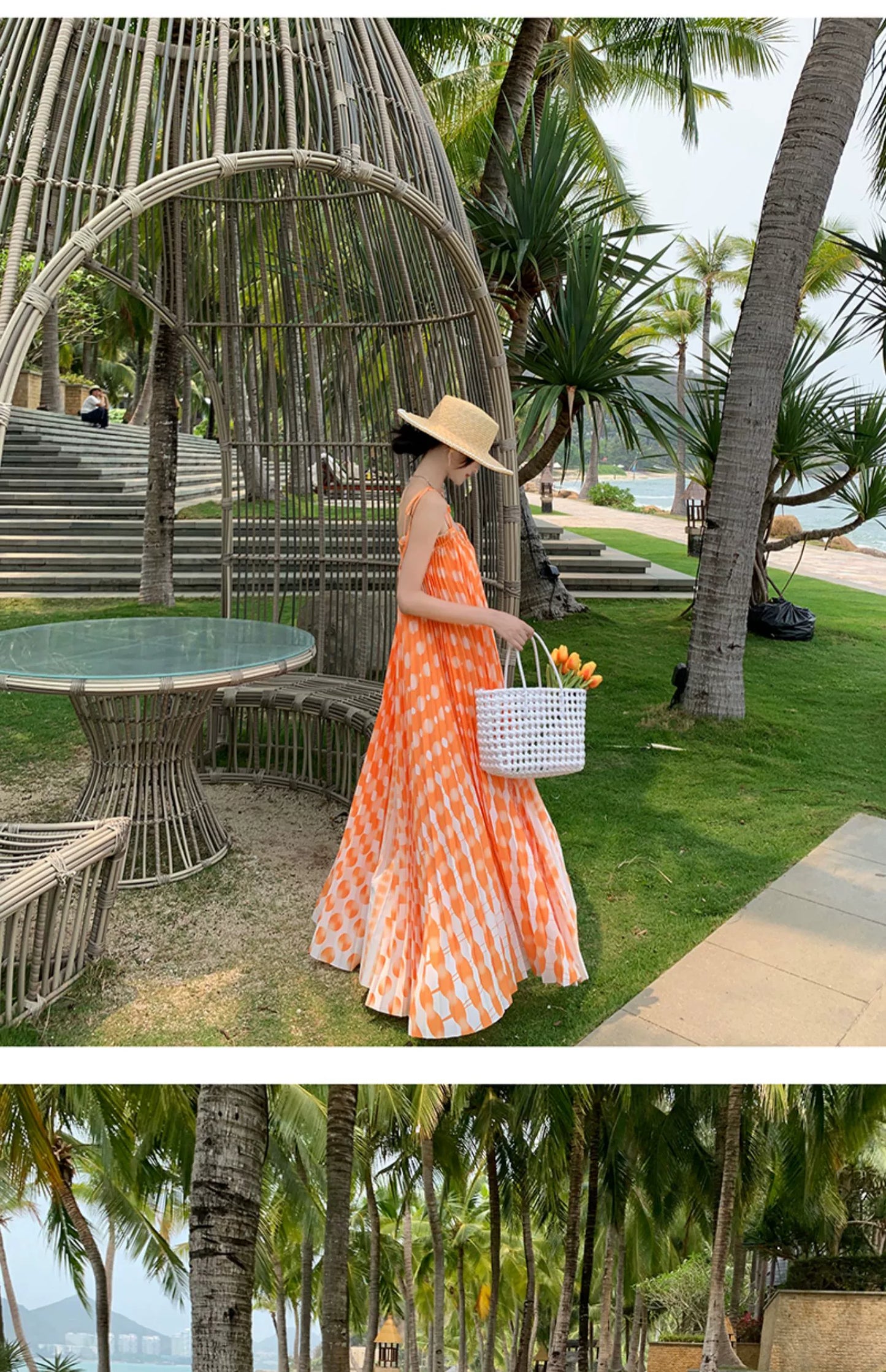 Fashion women's wear Tie-Dyed Floral Strap Dress Women's Summer French off-Shoulder Dopamine Sanya Seaside Vacation Beach Long Skirt