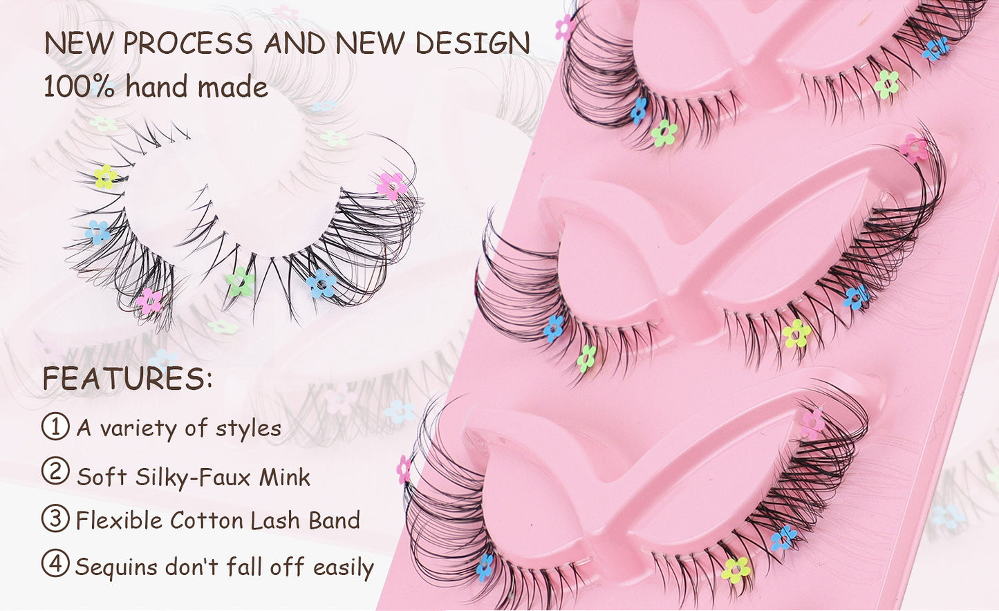 5 pairs of Fox Tie transparent stem false eyelashes naturally cute colorful flower sequin false eyelashes