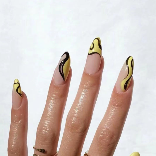 黄黑线条穿戴甲不规则nails 跨境美甲片外贸假指甲杏仁甲美甲贴片