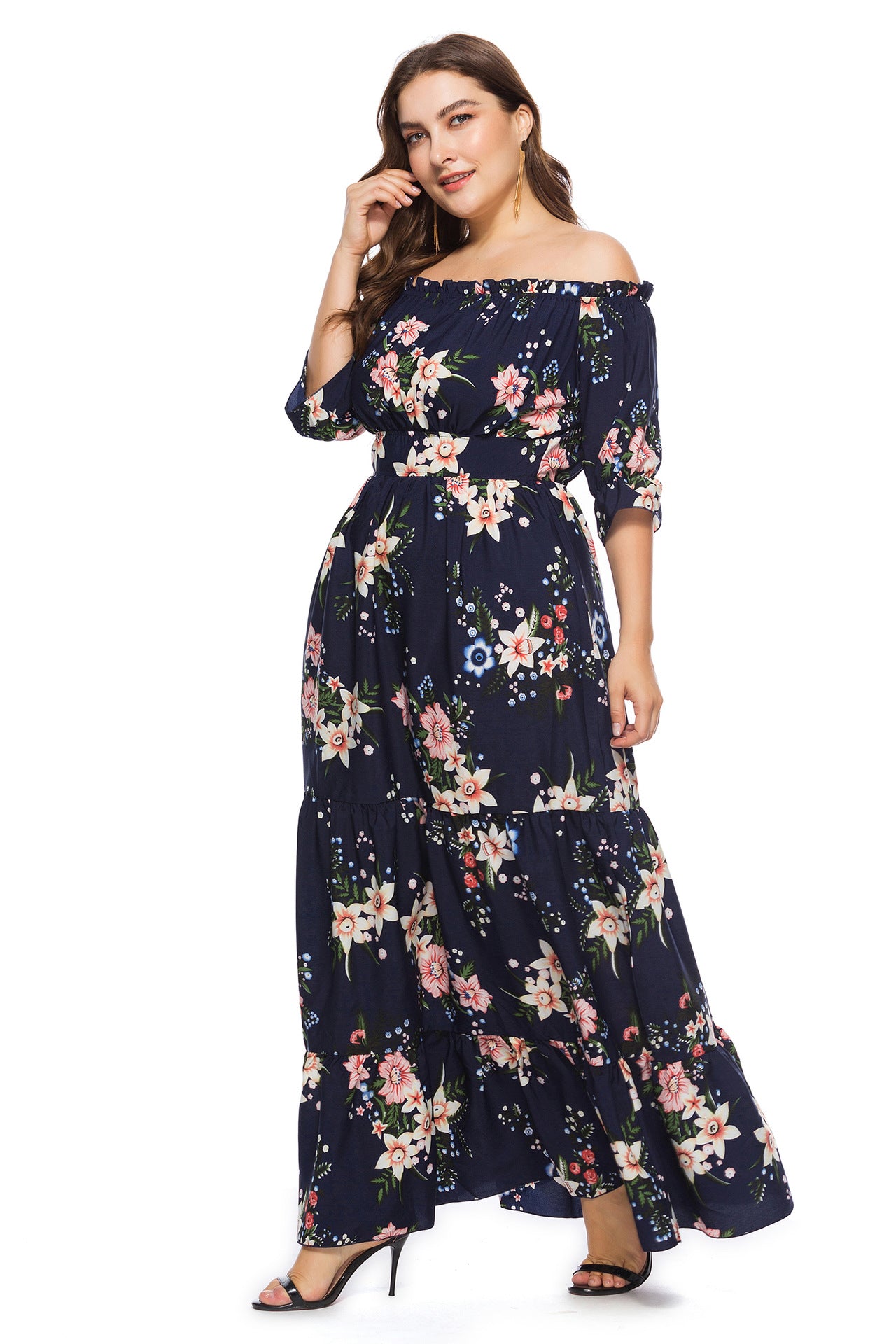 Fashion women's wear 2024   plus Size Women's Clothes Summer Popular off-Neck Plump Girls Bohemian Beach Dress Sq0095b