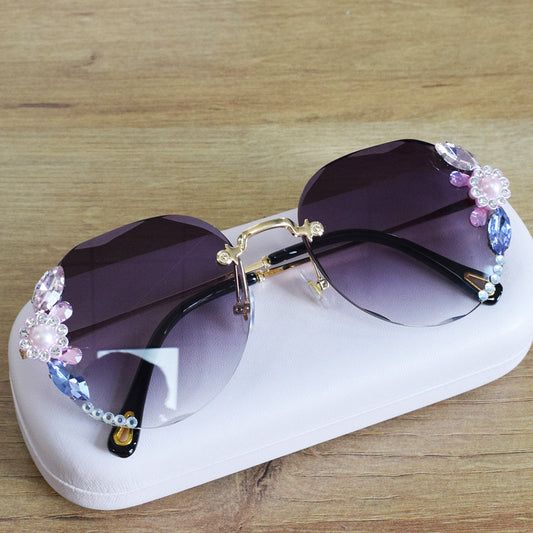 Women's fashion glasses 定制学院风跨境无框镶钻太阳镜女圆脸大脸显瘦2022新款墨镜女渐变