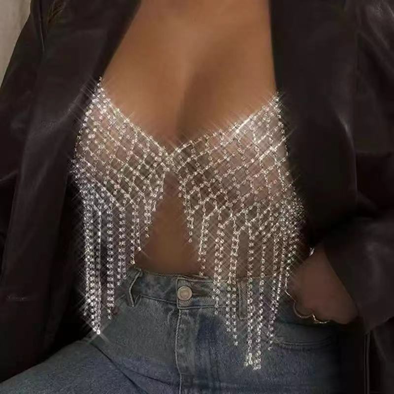 Fashion jewelry cross-border supply European and American rhinestone mesh tassel body chain sexy nightclub exaggerated diamond bra clothing wholesale