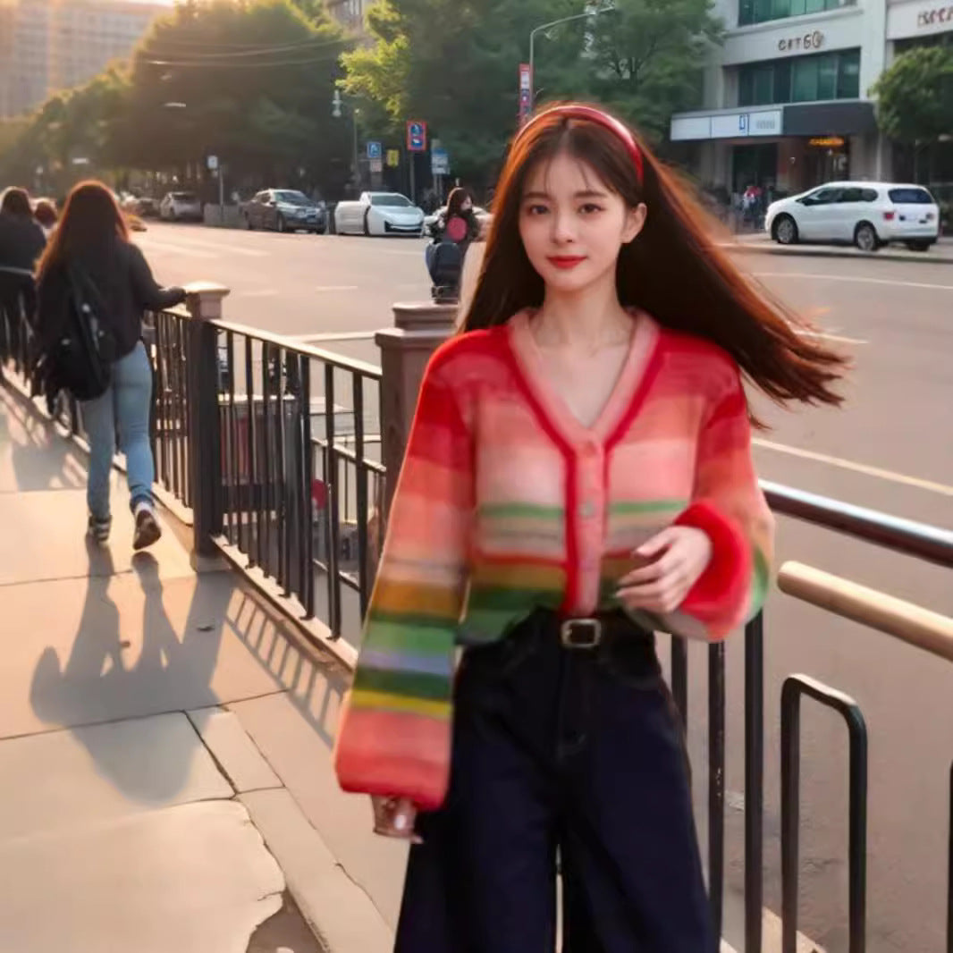 Dopamine tops Free shipping Tattoo Cross-border dopamine rainbow contrasting stripes knitted cardigan women's autumn new lazy age-reducing loose and sweet sweater