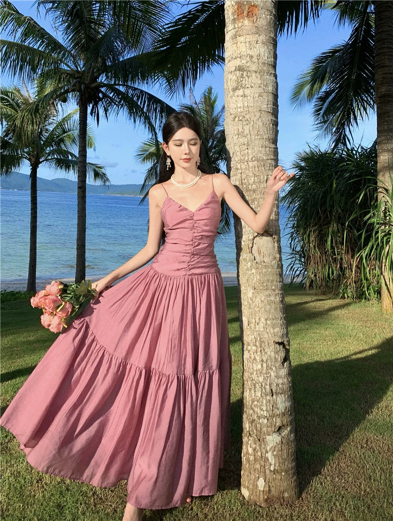 Fashion women's wear Beautiful Dopamine Special-Interest Design Lace-up Pleated Backless Vacation Style Sling Dress High-Grade Sense Temperament Long Dress