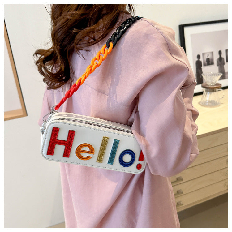 Dopamine Bag Free shipping Tattoo Cross-border women's bags, new dopamine contrasting letters, fashion camera bags, zipper, small square bag, acrylic chain, single shoulder.
