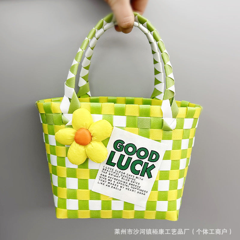Dopamine Bag Free shipping Tattoo Cartoon dopamine plastic woven bag, trendy macaron hand-woven vegetable basket bag, cute casual seaside beach bag