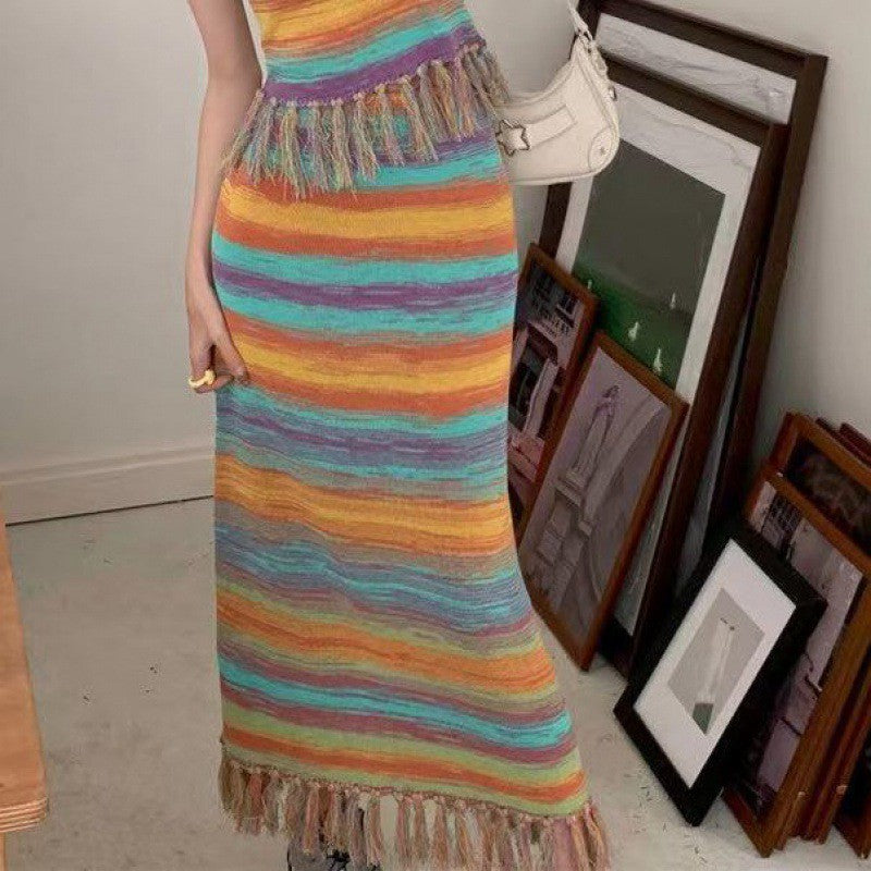 Dopamine dress Free shipping Tattoo Dopamine Sweet Girl Suit Girl Wear Summer Skirt A Complete Set of Fringed Sweet Wind Knitted Suspender Long Dress