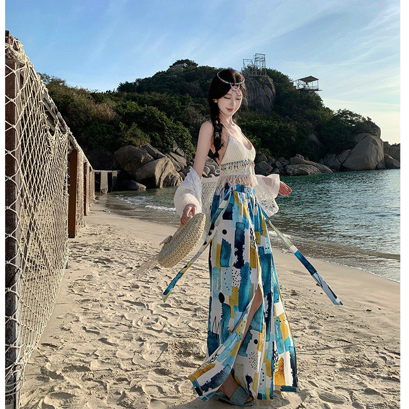 Dopamine pants Free shipping Tattoo Seaside photo pants super fairy summer Thailand Sanya seaside vacation wide-leg pants dopamine beach skirt pants trousers