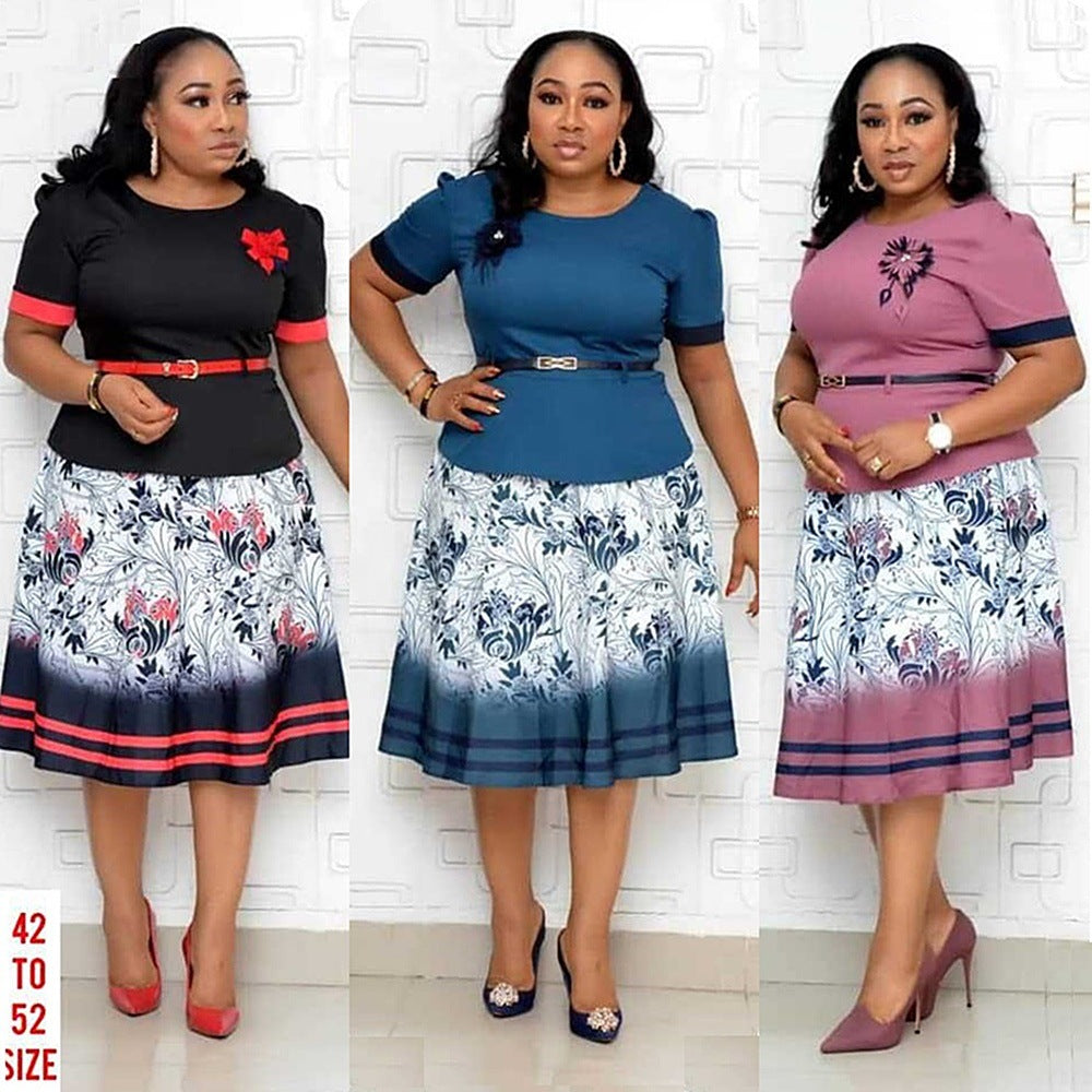 Fashion women's wear 2XL 6XL   plus Size Women's Clothing New round Neck Short Sleeve Wide Hem Printed Stitching Dress Jx024