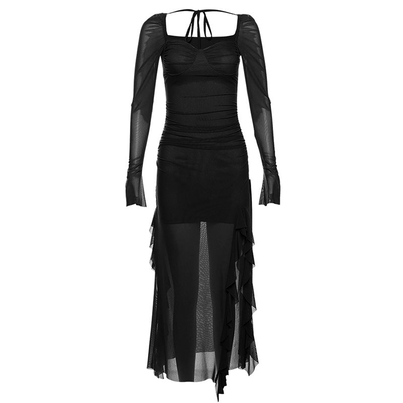 Free shipping   new women's clothing solid color slim-fitting high-waisted fashion square neck long-sleeved mesh dress tops