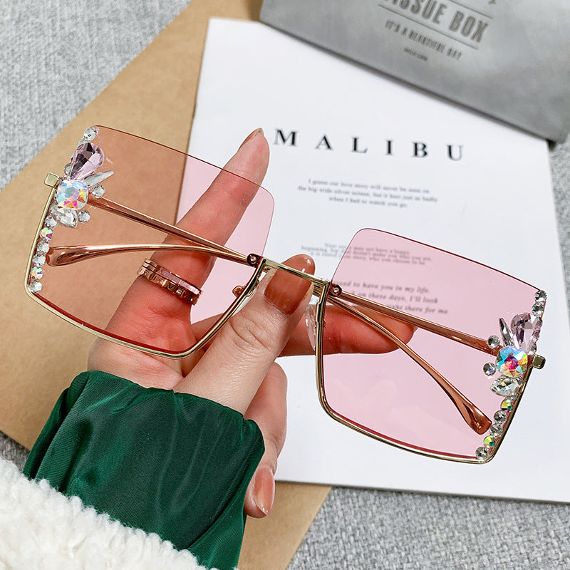 Women's fashion glasses 跨境新欧美镶钻大框太阳镜女高级感复古茶色墨镜显瘦韩版防晒眼镜