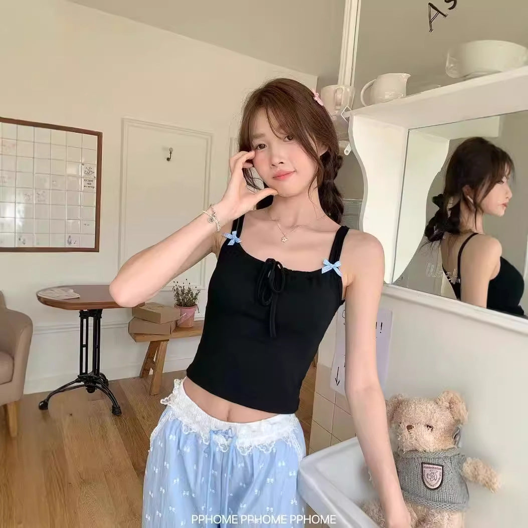 Dopamine tops Free shipping Tattoo Dopamine Thai yellow suspender small vest women's summer wear with chest pad bow chic sleeveless halter top