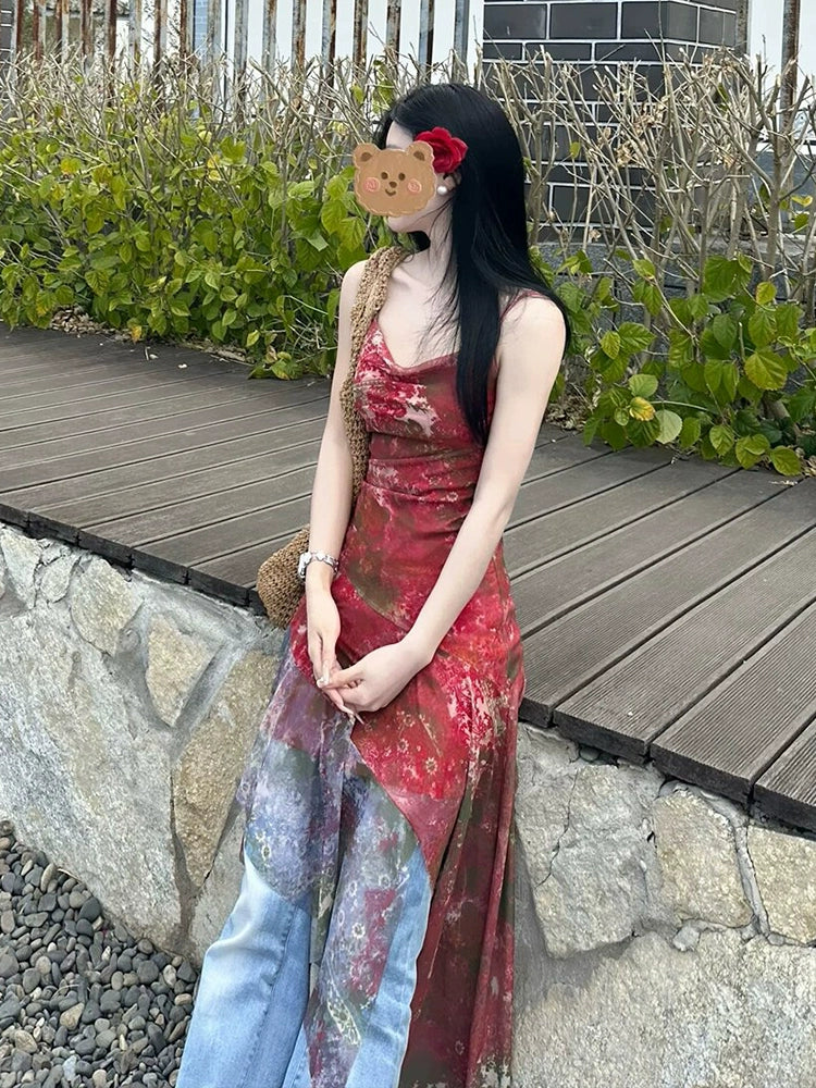 Fashion women's wear Red Small Floral Mesh Camisole Dress Women's Summer Seaside Design Sense Niche Waist Slimming Irregular Long Dress