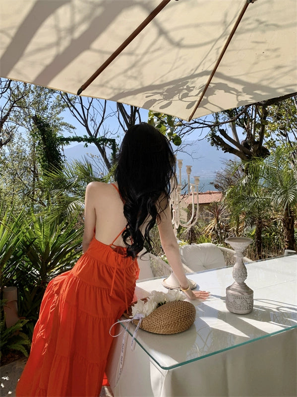 Fashion women's wear Yunnan Travel Photography Fairy Dress Orange Deep V-neck Backless Sling Dress Sanya Seaside Beach Skirt Female