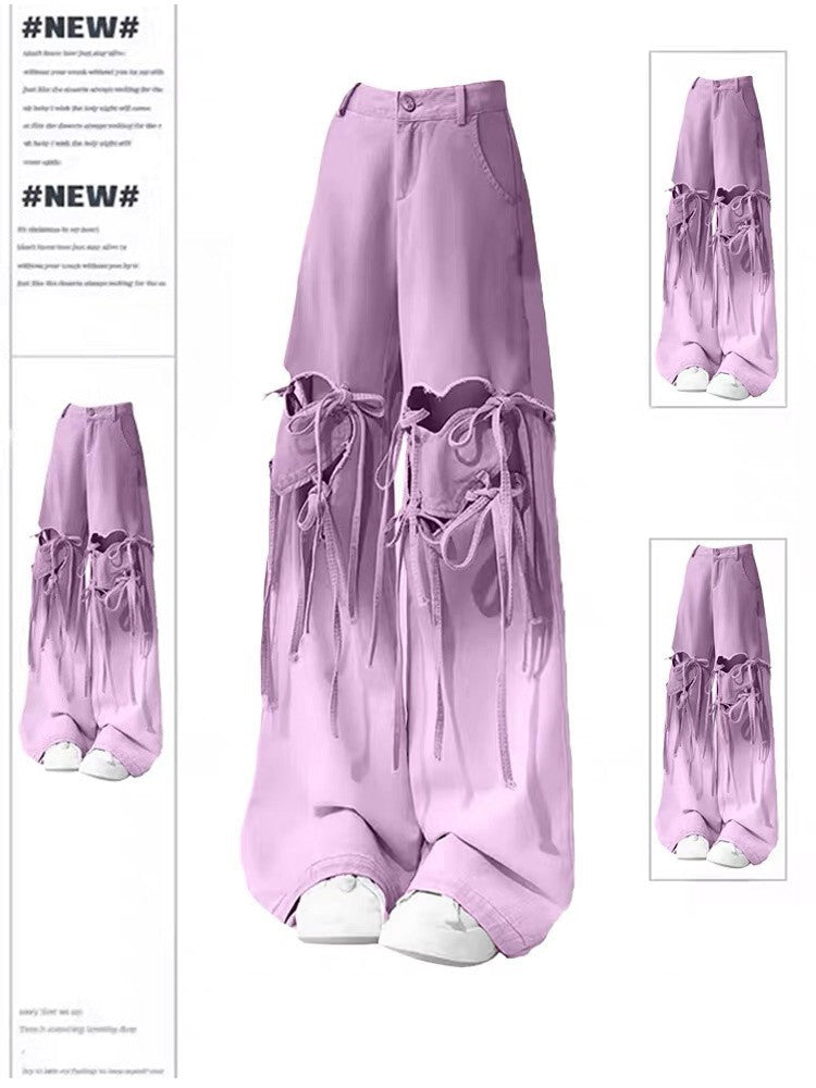 Free shipping   Dopamine wears purple ripped jeans for women's fat large size niche design sense loose and thin wide-leg pants