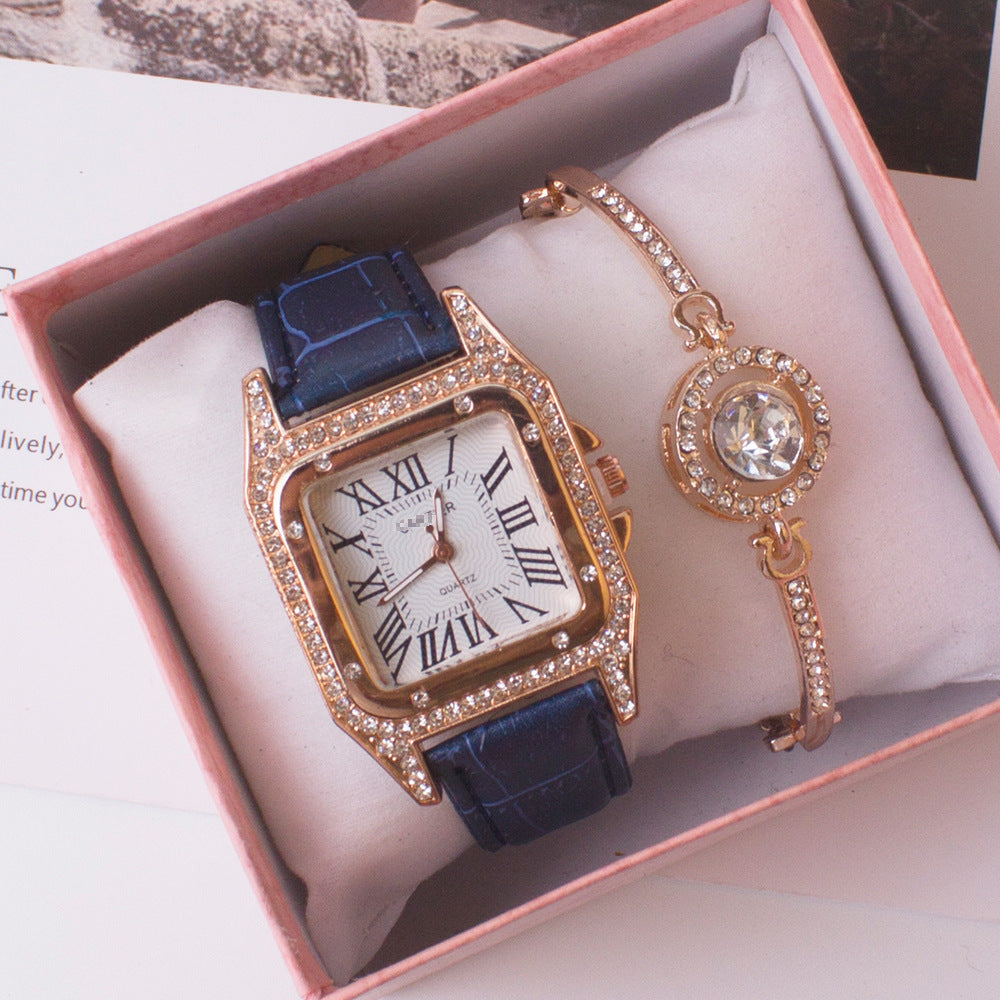 Fashion women's watchWeChat Hot-Selling Square Watch Cross-Border Foreign Trade Rhinestone Women's Roman Two-Piece Set Gift Casual Quartz Women's Watch
