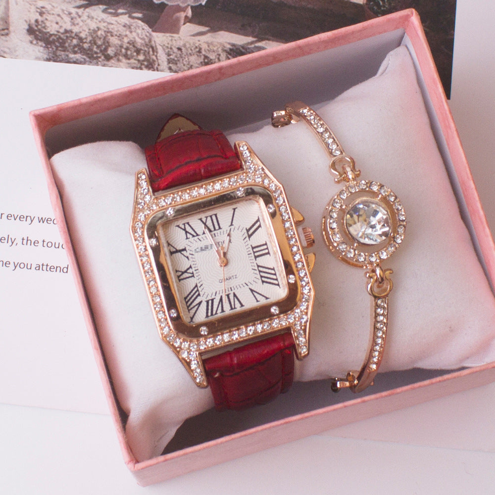 Fashion women's watchWeChat Hot-Selling Square Watch Cross-Border Foreign Trade Rhinestone Women's Roman Two-Piece Set Gift Casual Quartz Women's Watch