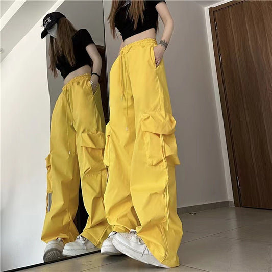 Fashion women's wear American Retro Quick-Drying Overalls Women's Three-Dimensional Pocket High Waist Straight Wide Leg Ribbon Loose Casual Mopping Trousers