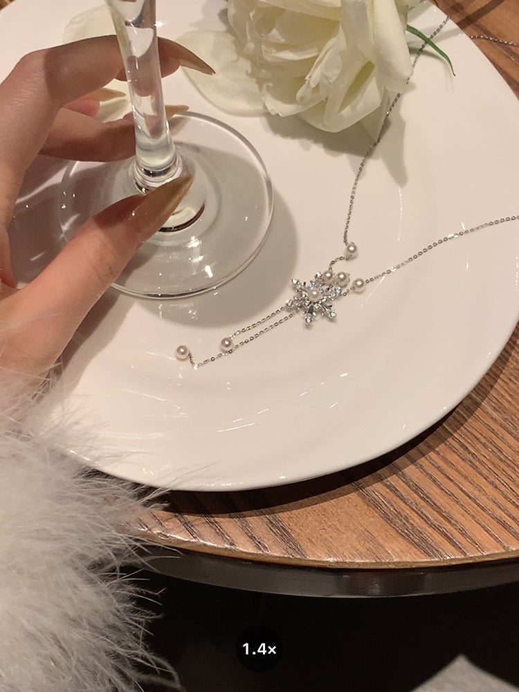 锆石雪花珍珠流苏项链圣诞节小众百搭锁骨链时尚设计感饰品批发女