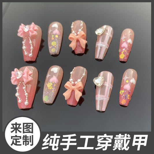 (Hand-Made Nail) Gentle Blush Pure Desire Bow Ice Transparent Bridal Pearl Heart Handmade Wear Nail Finished Detachable Beauty