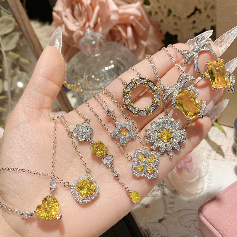 珠宝首饰山茶欧美奢华满钻雏菊浓彩黄钻系列项链  镀金韩版气质灵动锁骨链