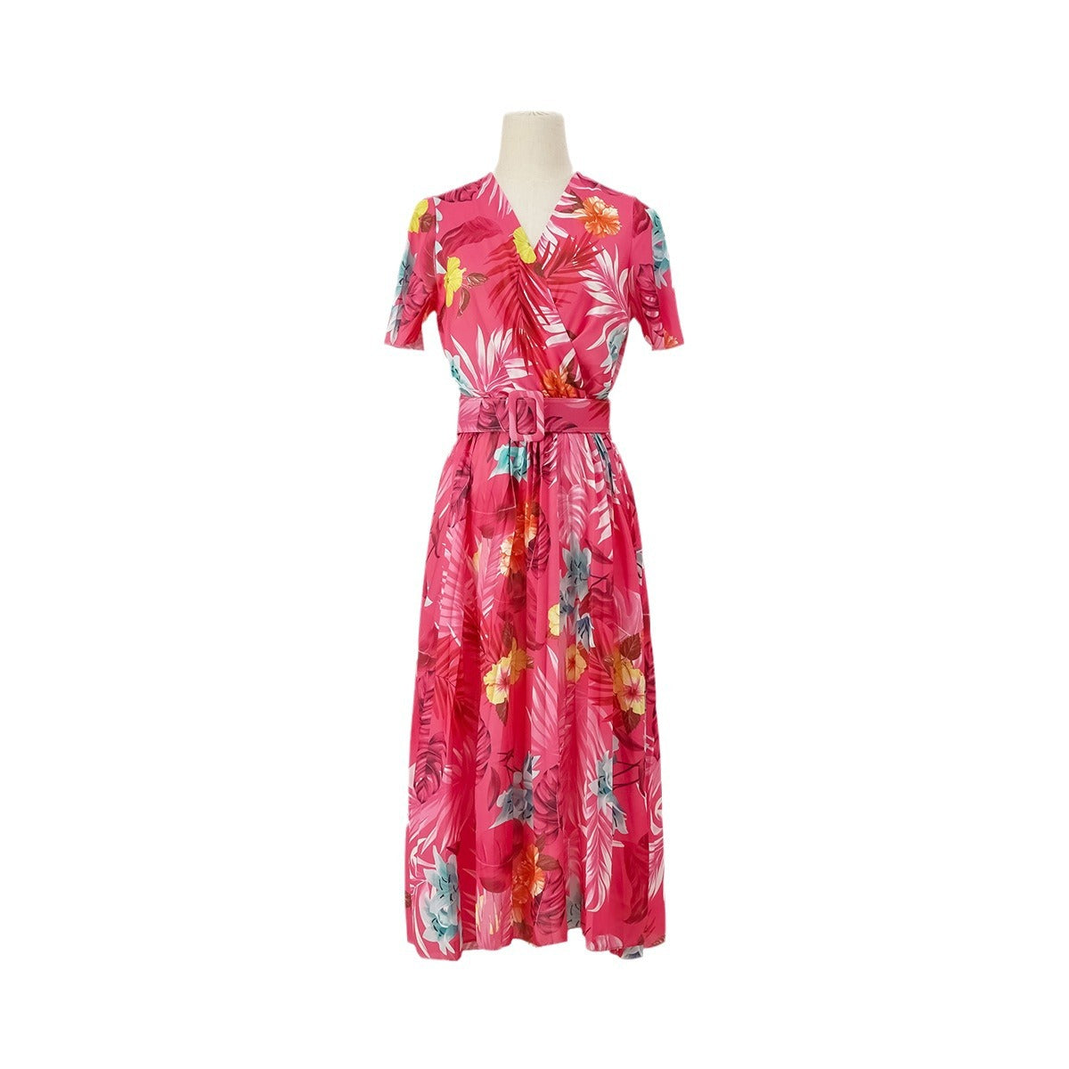 Fashion women's wear 2024  Women's Clothing   Cross-Border Summer Printing Crumpled Mid-Length Short Sleeve Dress