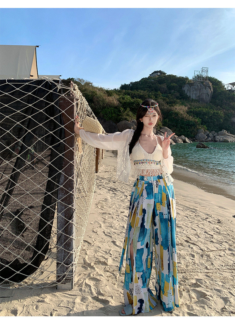 Dopamine pants Free shipping Tattoo Seaside photo pants super fairy summer Thailand Sanya seaside vacation wide-leg pants dopamine beach skirt pants trousers