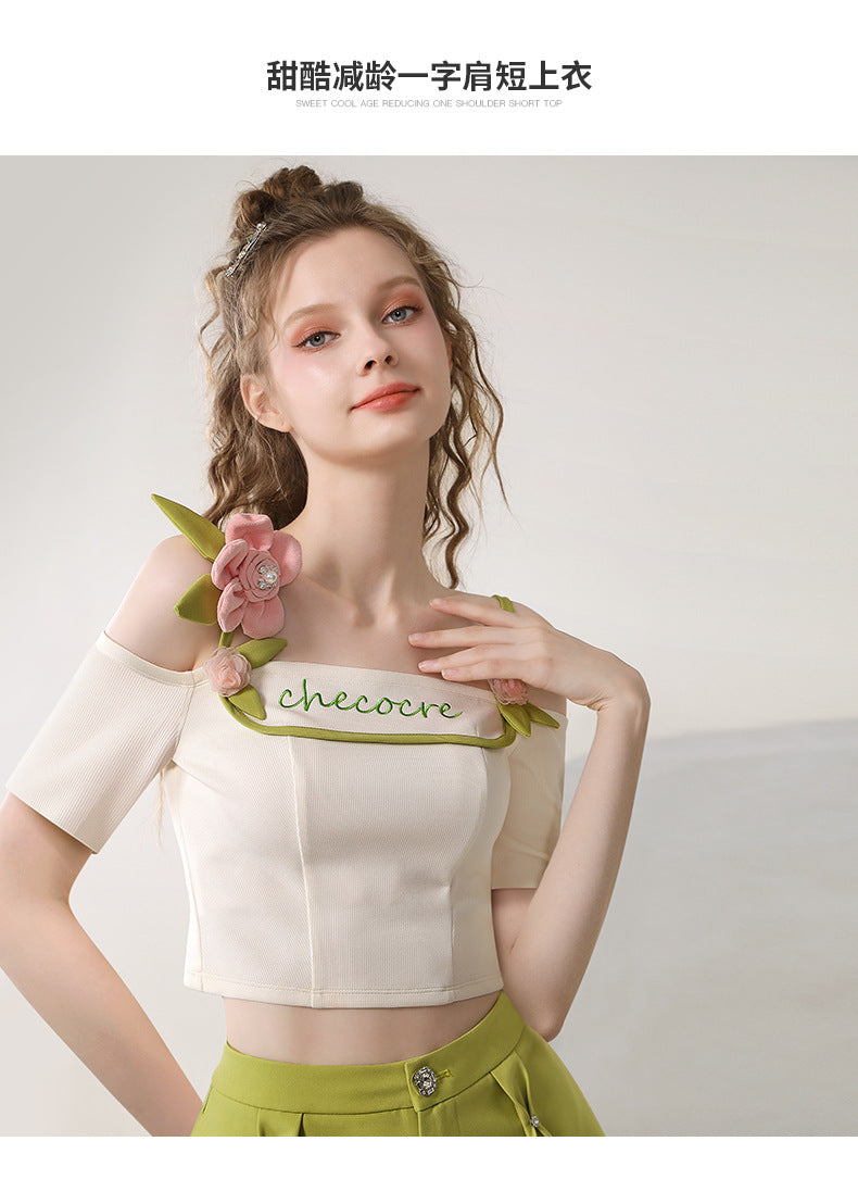 Dopamine tops Free shipping Tattoo Sweet and cool dopamine top 24 years summer tender pink flower one-word shoulder contrasting color suspender off-the-shoulder short-sleeved T-shirt