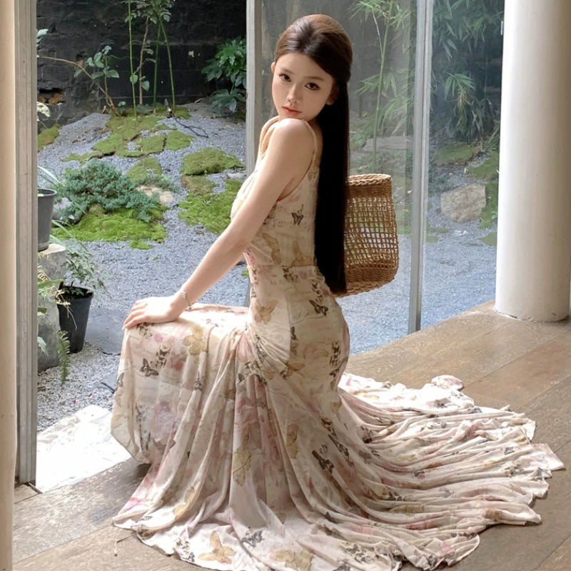 Fashion women's wear Beautiful Small Skirt Seaside Holiday Floral Strap Dress Tea Break French Style Temperament Slim-Fit Sheath Fishtail Long Skirt