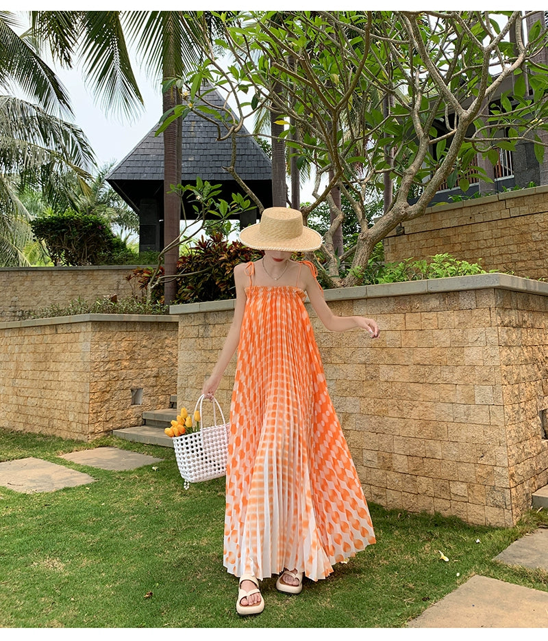 Fashion women's wear Tie-Dyed Floral Strap Dress Women's Summer French off-Shoulder Dopamine Sanya Seaside Vacation Beach Long Skirt