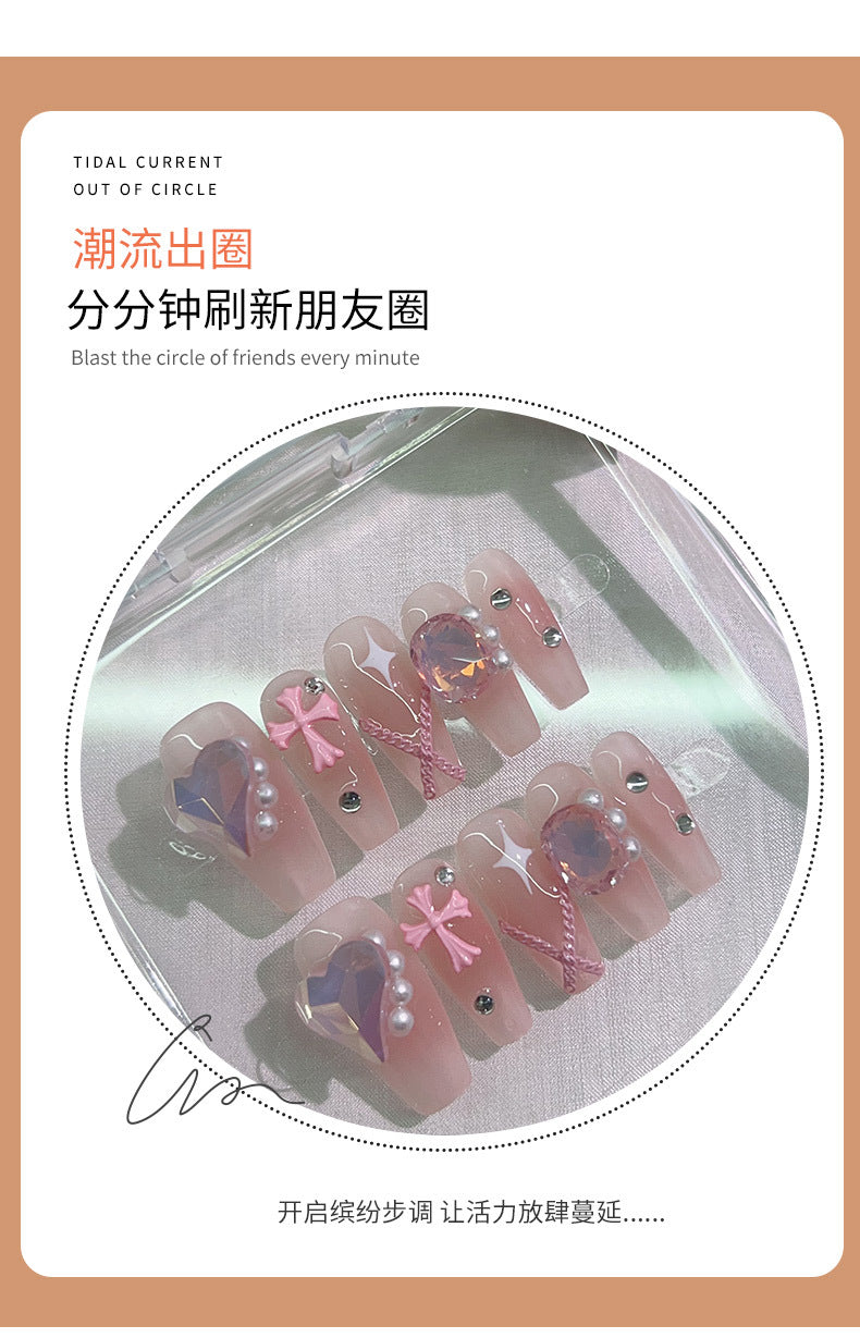 (Hand-Made Nail) Pure Desire Clear Feeling Gentle Fairy Girl Pile Rhinestone Nail Stickers Fake Nail Patch Wear Nail Tip Finished Product Detachable