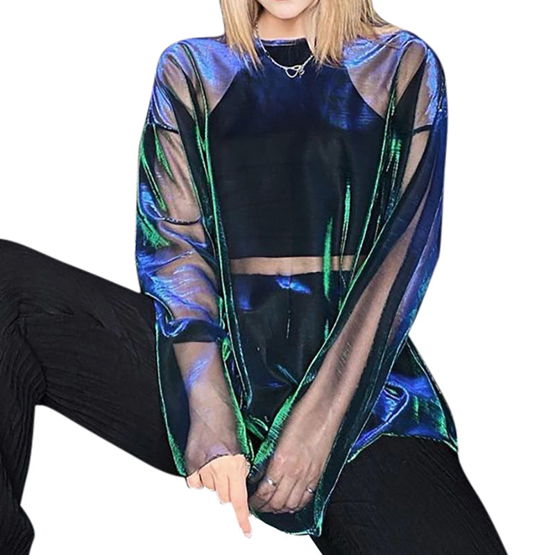 Fashion women's wear D21tp425 Cross-Border Autumn New Solid Color round Neck Pullover Long Sleeve Mesh Micro Transparent Casual Women's Top
